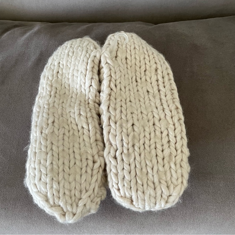 Beige Hand Knit Slippers with Pom Poms - Picture 7 of 7